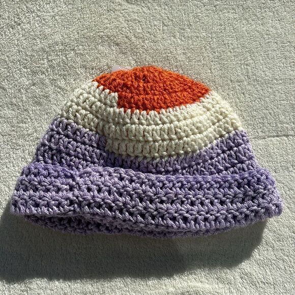 New Handmade crochet purple cream, and orange, cuffed stretchy beanie hat - Picture 4 of 7